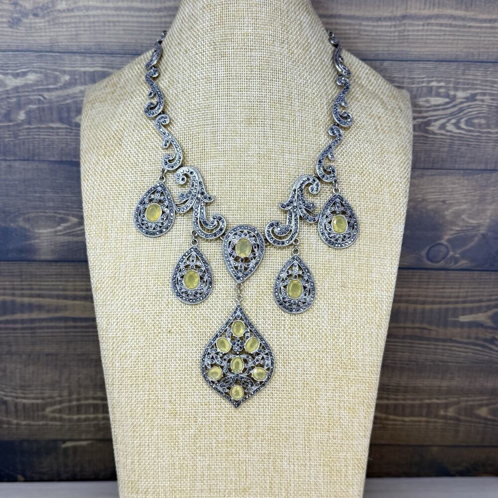 Vintage Signed Monet Bib Necklace Filigree Yellow Rhinestone Statement Piece